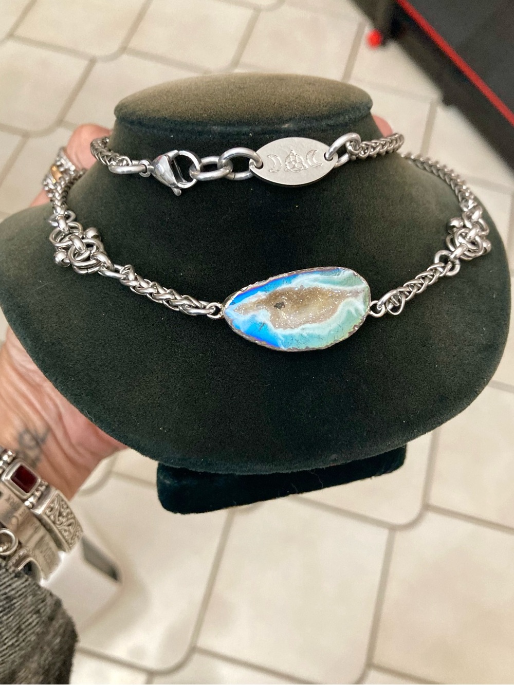 Druzy geode agate slice Celtic knot handmade boho silver necklace